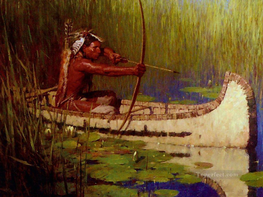 Native American Indian Hunter in Canoe Bow and Arrow Oil Paintings